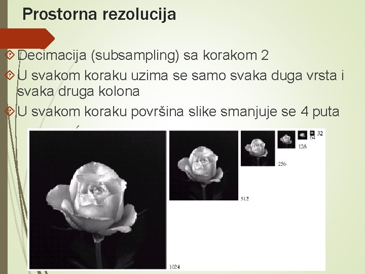 Prostorna rezolucija Decimacija (subsampling) sa korakom 2 U svakom koraku uzima se samo svaka