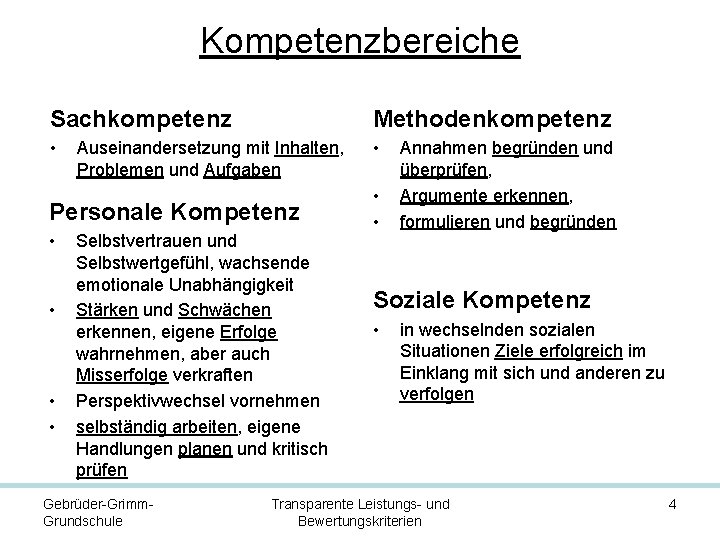 Kompetenzbereiche Sachkompetenz Methodenkompetenz • • Auseinandersetzung mit Inhalten, Problemen und Aufgaben Personale Kompetenz •