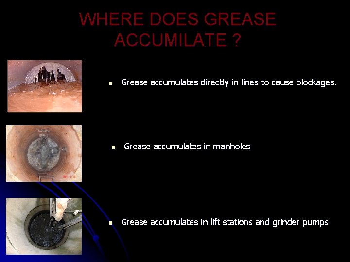 WHERE DOES GREASE ACCUMILATE ? n n n Grease accumulates directly in lines to