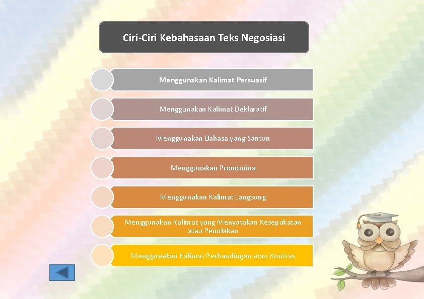 Ciri-Ciri Kebahasaan Teks Negosiasi Menggunakan Kalimat Persuasif Menggunakan Kalimat Deklaratif Menggunakan Bahasa yang Santun