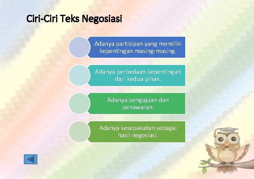 Ciri-Ciri Teks Negosiasi Adanya partisipan yang memiliki kepentingan masing-masing. Adanya perbedaan kepentingan dari kedua