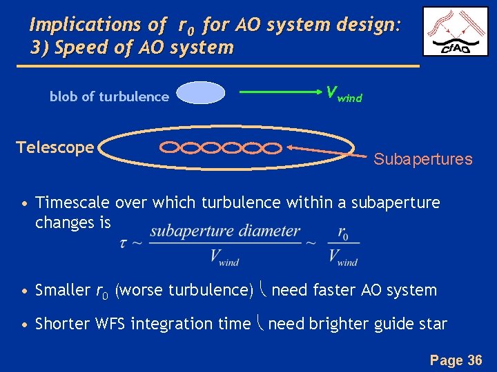 Implications of r 0 for AO system design: 3) Speed of AO system blob