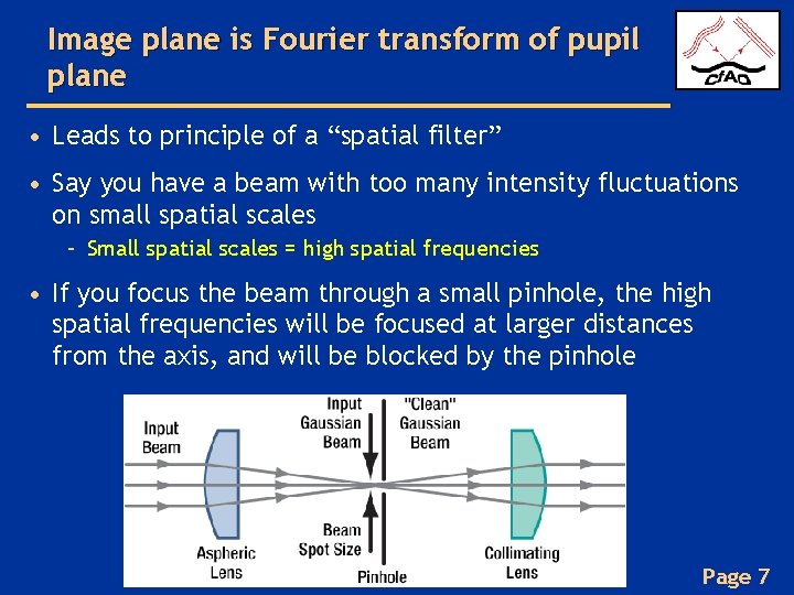 Image plane is Fourier transform of pupil plane • Leads to principle of a