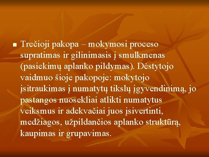 n Trečioji pakopa – mokymosi proceso supratimas ir gilinimasis į smulkmenas (pasiekimų aplanko pildymas).