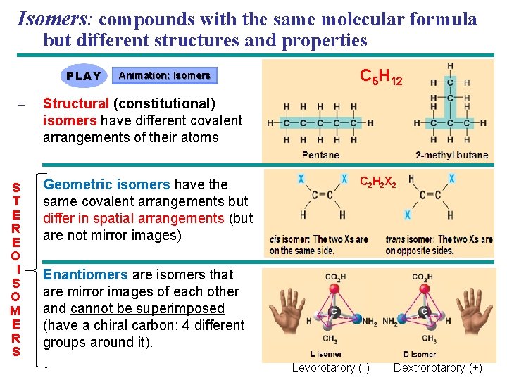 Isomers: compounds with the same molecular formula but different structures and properties Animation: Isomers