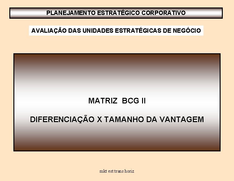 PLANEJAMENTO ESTRATÉGICO CORPORATIVO AVALIAÇÃO DAS UNIDADES ESTRATÉGICAS DE NEGÓCIO MATRIZ BCG II DIFERENCIAÇÃO X