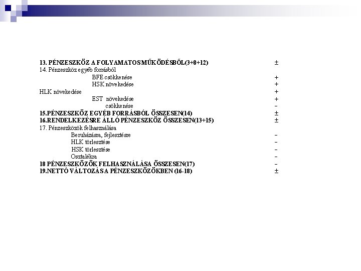 13. PÉNZESZKÖZ A FOLYAMATOS MŰKÖDÉSBŐL(3+8+12) 14. Pénzeszköz egyéb forrásból BFE csökkenése HSK növekedése HLK