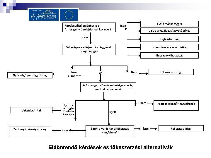 Forrásnyújtó beléphet-e a forrásigénylő tulajdonosi körébe? Fúzió másik céggel Igen Üzleti angyalok/Magvető tőke/ Nem