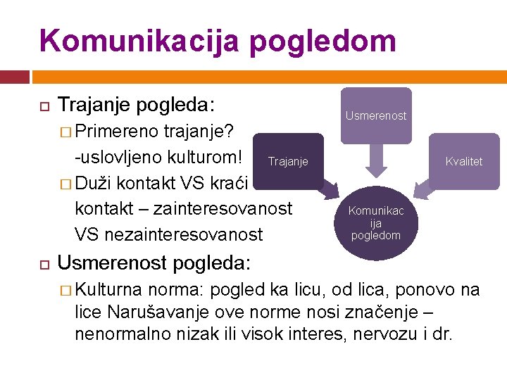 Komunikacija pogledom Trajanje pogleda: � Primereno trajanje? -uslovljeno kulturom! Trajanje � Duži kontakt VS