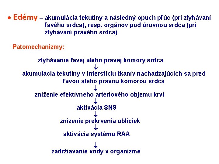  Edémy – akumulácia tekutiny a následný opuch pľúc (pri zlyhávaní ľavého srdca), resp.