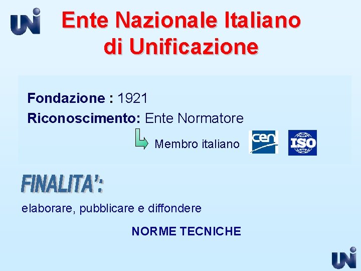 Ente Nazionale Italiano di Unificazione Fondazione : 1921 Riconoscimento: Ente Normatore Membro italiano elaborare,