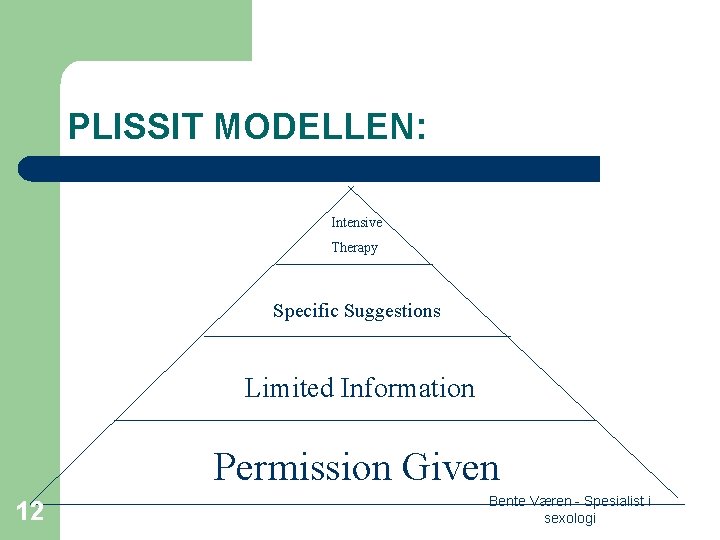 PLISSIT MODELLEN: Intensive Therapy Specific Suggestions Limited Information Permission Given 12 Bente Væren -