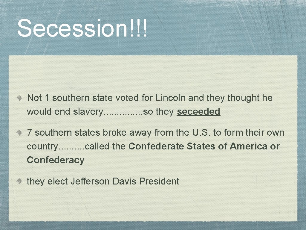 Secession!!! Not 1 southern state voted for Lincoln and they thought he would end