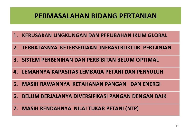 PERMASALAHAN BIDANG PERTANIAN 1. KERUSAKAN LINGKUNGAN DAN PERUBAHAN IKLIM GLOBAL 2. TERBATASNYA KETERSEDIAAN INFRASTRUKTUR