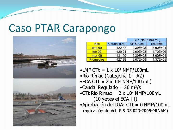 Caso PTAR Carapongo • LMP CTt = 1 x 104 NMP/100 m. L •