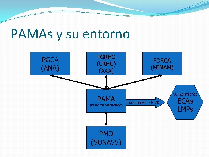 PAMAs y su entorno PGCA (ANA) PGRHC (CRHC) (AAA) PAMA Titular de Vertimiento PMO