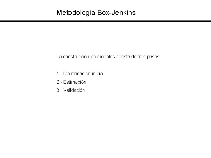Metodología Box-Jenkins La construcción de modelos consta de tres pasos: 1. - Identificación inicial