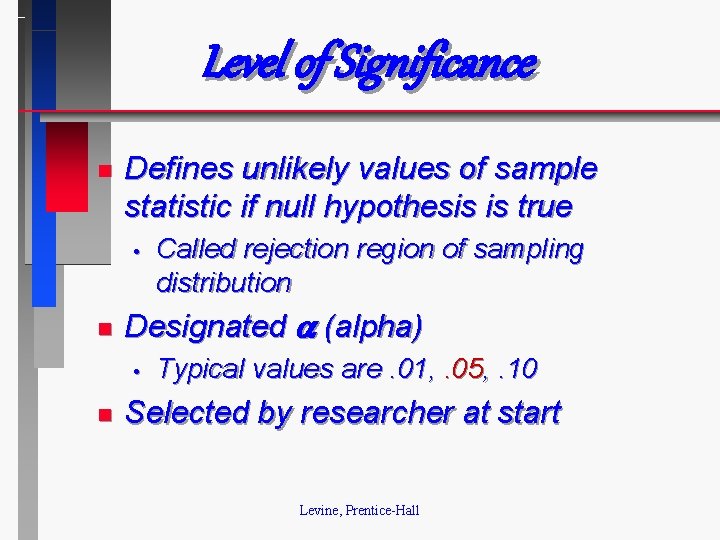 Level of Significance n Defines unlikely values of sample statistic if null hypothesis is