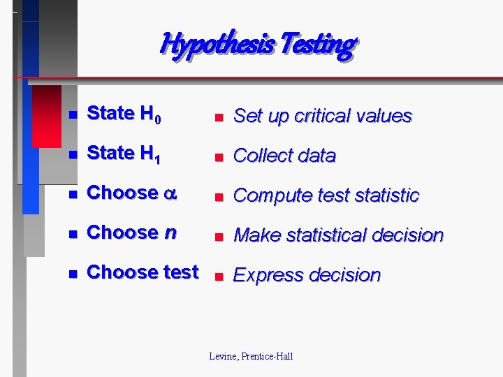 Hypothesis Testing n State H 0 n Set up critical values n State H