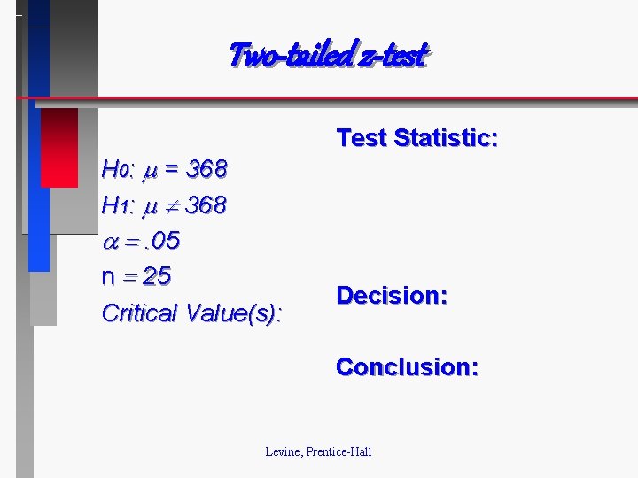 Two-tailed z-test H 0: = 368 H 1: 368 . 05 n 25 Critical