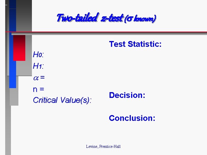 Two-tailed z-test ( known) Test Statistic: H 0: H 1: = n= Critical Value(s):
