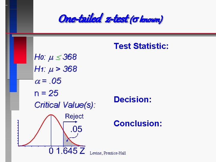 One-tailed z-test ( known) Test Statistic: H 0: 368 H 1: > 368 =.