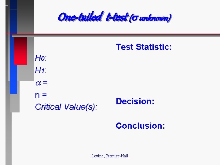 One-tailed t-test ( unknown) Test Statistic: H 0: H 1: = n= Critical Value(s):