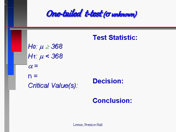 One-tailed t-test ( unknown) Test Statistic: H 0: 368 H 1: < 368 =