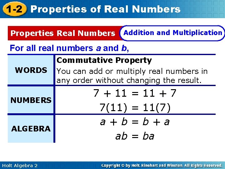 1 -2 Properties of Real Numbers Properties Real Numbers Addition and Multiplication For all