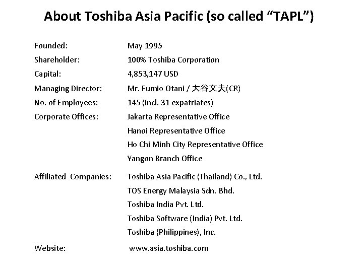 About Toshiba Asia Pacific (so called “TAPL”) Founded: May 1995 Shareholder: 100% Toshiba Corporation