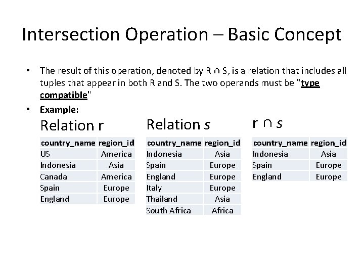 Intersection Operation – Basic Concept • The result of this operation, denoted by R