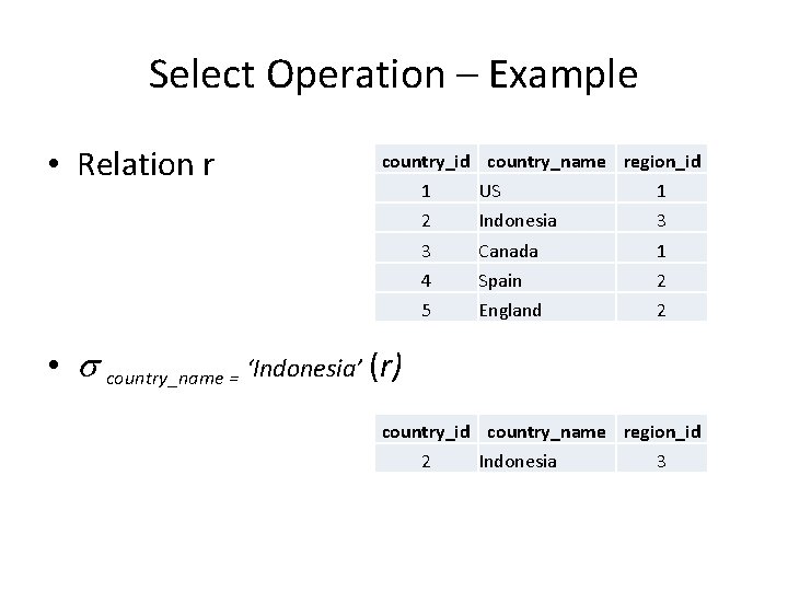 Select Operation – Example • Relation r country_id country_name region_id 1 US 1 2