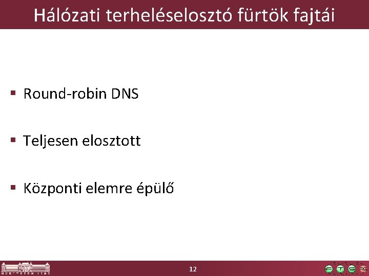 Hálózati terheléselosztó fürtök fajtái § Round-robin DNS § Teljesen elosztott § Központi elemre épülő