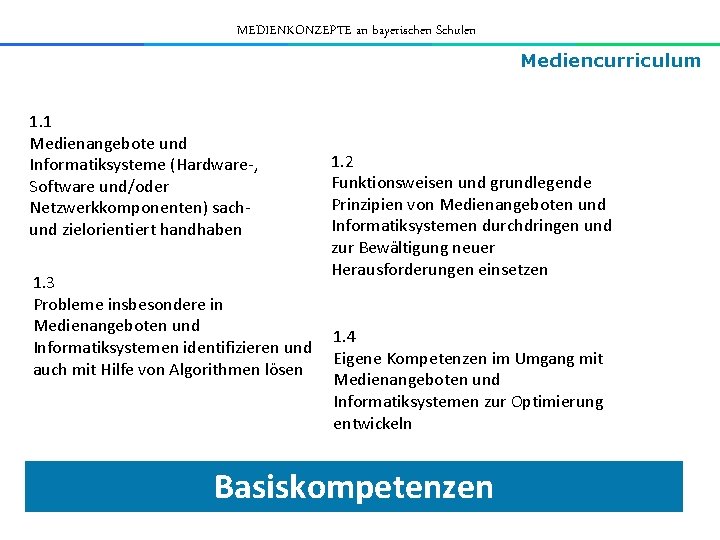 MEDIENKONZEPTE an bayerischen Schulen Mediencurriculum 1. 1 Medienangebote und Informatiksysteme (Hardware-, Software und/oder Netzwerkkomponenten)