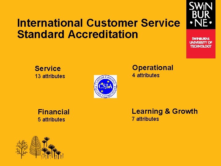 International Customer Service Standard Accreditation Service 13 attributes Financial 5 attributes Operational 4 attributes