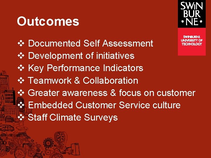 Outcomes v Documented Self Assessment v Development of initiatives v Key Performance Indicators v