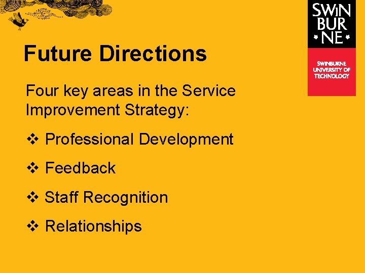 Future Directions Four key areas in the Service Improvement Strategy: v Professional Development v