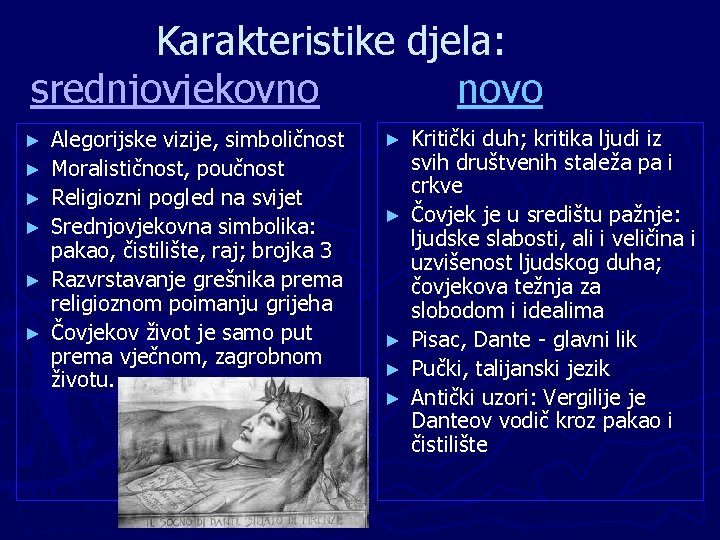 Karakteristike djela: srednjovjekovno novo ► ► ► Alegorijske vizije, simboličnost Moralističnost, poučnost Religiozni pogled Karakteristike djela: srednjovjekovno novo ► ► ► Alegorijske vizije, simboličnost Moralističnost, poučnost Religiozni pogled
