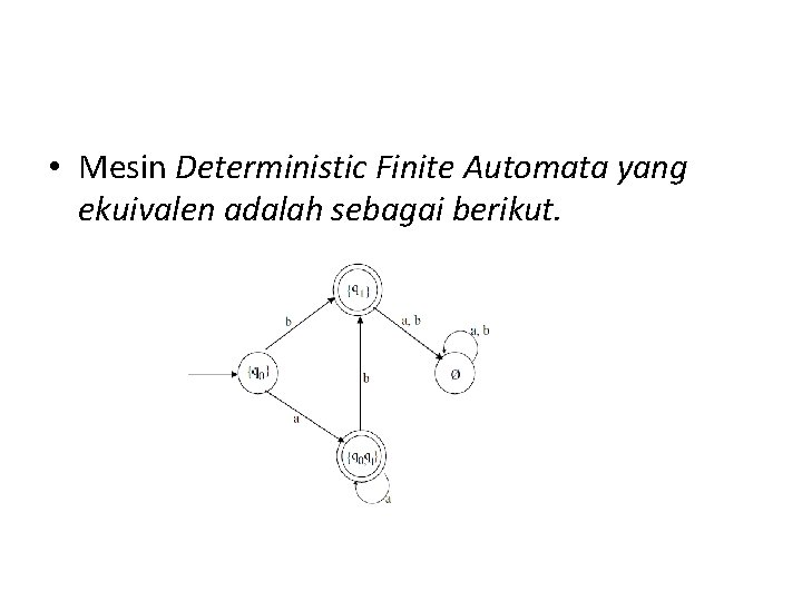  • Mesin Deterministic Finite Automata yang ekuivalen adalah sebagai berikut. 