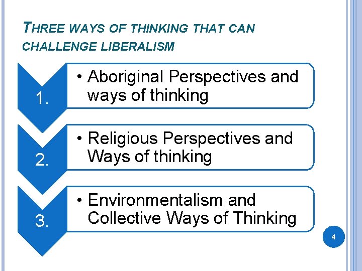 THREE WAYS OF THINKING THAT CAN CHALLENGE LIBERALISM 1. • Aboriginal Perspectives and ways