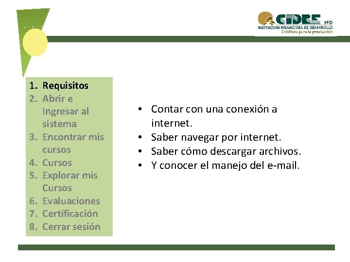 1. Requisitos 2. Abrir e Ingresar al sistema 3. Encontrar mis cursos 4. Cursos