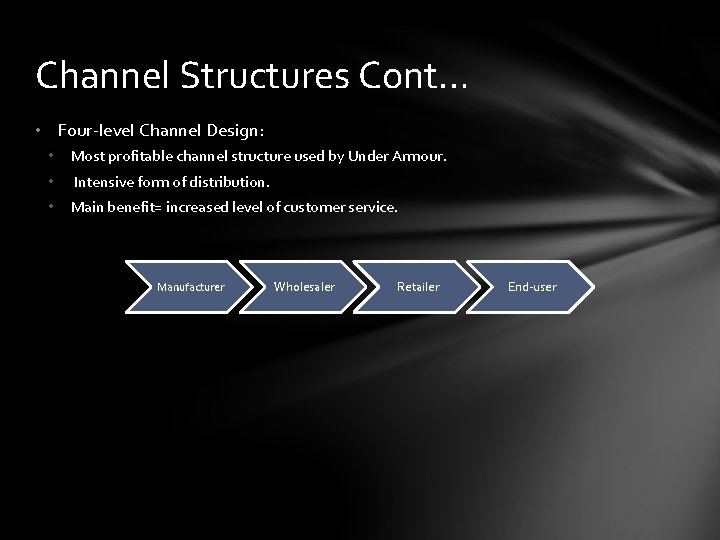 Channel Structures Cont… • Four-level Channel Design: • Most profitable channel structure used by