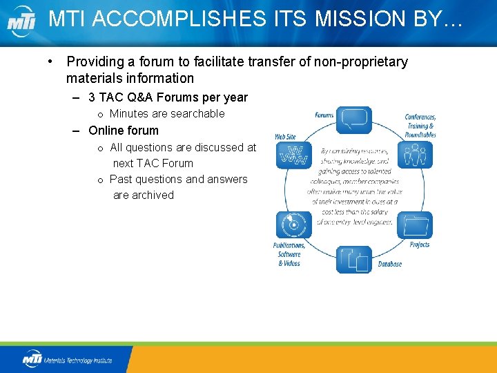 MTI ACCOMPLISHES ITS MISSION BY… • Providing a forum to facilitate transfer of non-proprietary