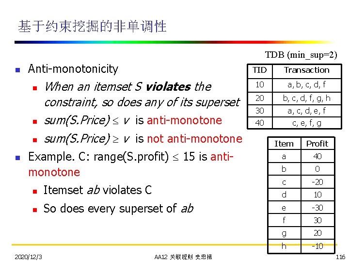 基于约束挖掘的非单调性 TDB (min_sup=2) n Anti-monotonicity n n When an itemset S violates the constraint,