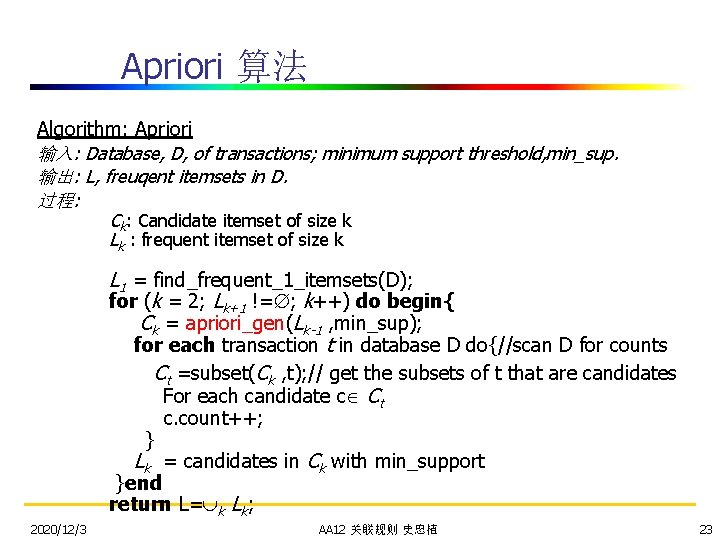 Apriori 算法 Algorithm: Apriori 输入: Database, D, of transactions; minimum support threshold, min_sup. 输出: