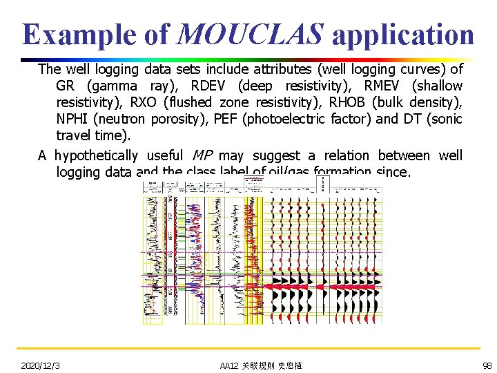 Example of MOUCLAS application The well logging data sets include attributes (well logging curves)