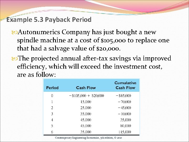 Example 5. 3 Payback Period Autonumerics Company has just bought a new spindle machine Example 5. 3 Payback Period Autonumerics Company has just bought a new spindle machine