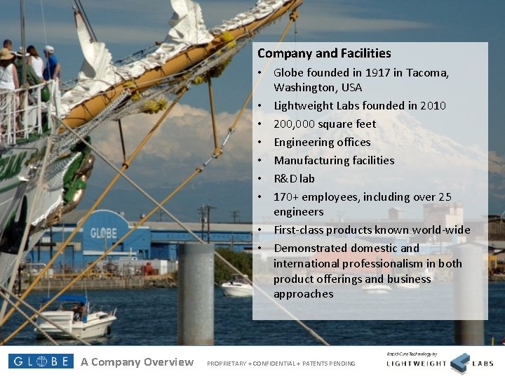 Company and Facilities • Globe founded in 1917 in Tacoma, Washington, USA • Lightweight