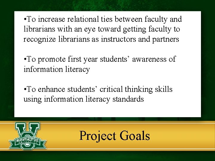  • To increase relational ties between faculty and librarians with an eye toward