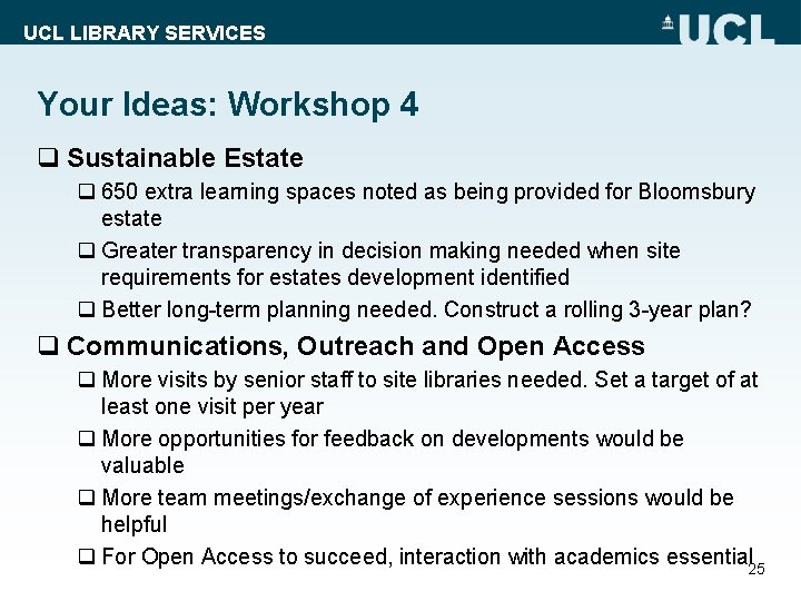 UCL LIBRARY SERVICES Your Ideas: Workshop 4 q Sustainable Estate q 650 extra learning